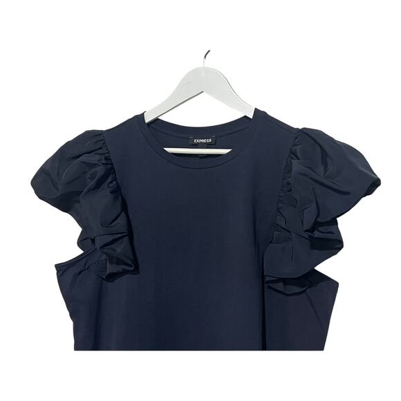 EXPRESS TOP WOMENS SIZE XLARGE CASUAL RUFFEL SLEEVE ROUND NECK TEE SHIRT NAVY - Picture 4 of 11